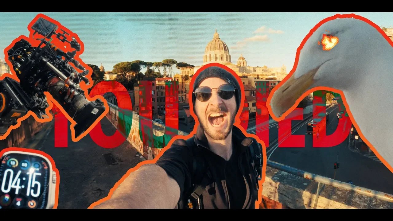 Rome film cover with a portrait, a camera, and city views