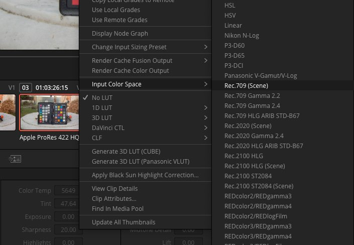 Input color space assignment in DaVinci Resolve
